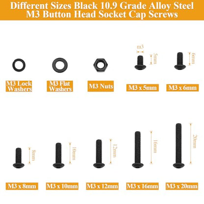 565 Pieces M3 Screws Nuts Washers Set Black, Sutemribor M3 x 5/6/8/10/12/16/20mm Button Head Socket Cap Screws Nuts Washers Assortment Kit, 10.9 Grade Alloy Steel, Fully Threaded - size: M3, style: Button Head Socket Cap
