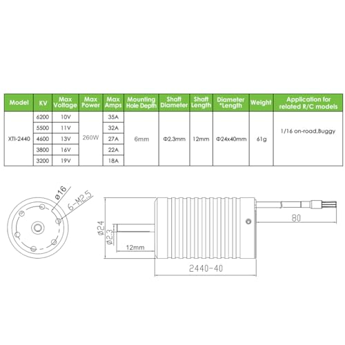 2440 6200KV Brushless Motor Shaft Diameter 2.3MM Connector 3.5MM for 1/16 Scale On-Road Buggy Monster RC Car