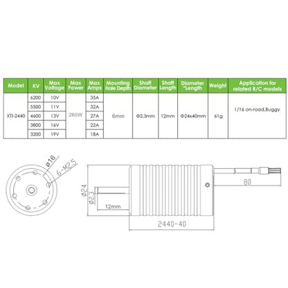 2440 6200KV Brushless Motor Shaft Diameter 2.3MM Connector 3.5MM for 1/16 Scale On-Road Buggy Monster RC Car