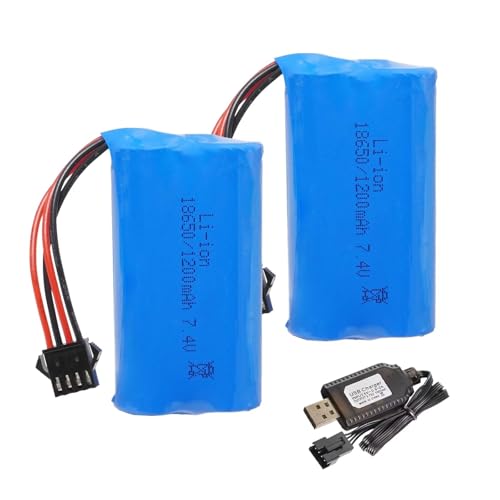 2Pcs 7.4V 1200mAh Li-ion Battery Pack RC Replacement Rechargeable 18650 Battery Pack SM-4P Plug with Charger Cable for RC Drone,Remote Control Car