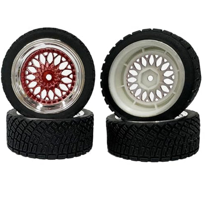 4PCS 65mm RC Rally Car Rubber Tires and Plastic Plating Wheel Rims Set 12mm Hex for 1/10 RC On-Road Rally Drift Racing Car for Tamiya HPI WR8 HSP TT02 WLtoys(Red Silver) - color: Red Silver
