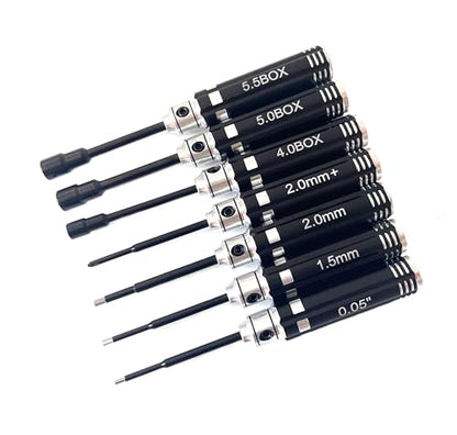 Mini RC Hex Screwdriver Nut Driver Set 7pcs for 1/18 1/24 TRX4M SCX24 FCX24 | 7 tools: 1.27/1.5/2.0mm hex, 4.0/5.0/5.5mm nut drivers, Phillips 2.0mm. Aluminum handles, steel bits. For TRX4M SCX24 FCX24.