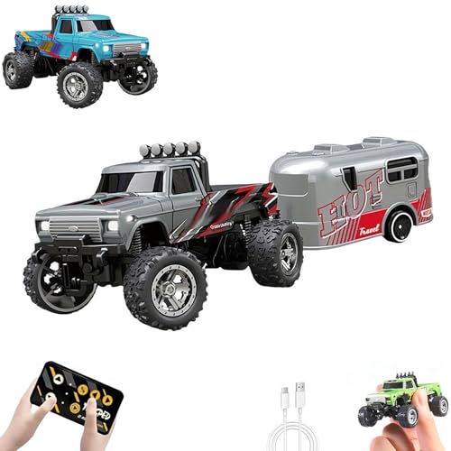 Mini RC Car, 1/64 Scale Mini Remote Control Monster Truck with Trailer, 2.4Ghz & APP Remote Control Rechargeable Alloy Shell RC Cars with Lights, Speed/Steering Adjustable (Gray) - color: Gray