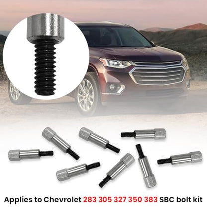 YALOK Chrome Valve Cover Bolt Kit, 8 Pcs Stainless Steel Covers Bolt Set, Small Block Car Stud Nut, Replacement for 283 305 327 350 383, Engine SBC Stud Kit, Automotive Replacing Parts