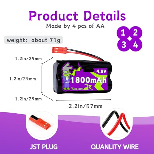 4.8V 1800mAh Ni-Cd 2+2 Square Sharp Rechargeable Battery with JST Plug(red),Fit for Toy Car Boat Plane Sharver etc. with Charger （4*AA）