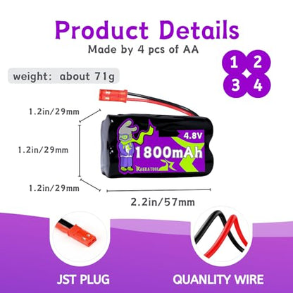 4.8V 1800mAh Ni-Cd 2+2 Square Sharp Rechargeable Battery with JST Plug(red),Fit for Toy Car Boat Plane Sharver etc. with Charger （4*AA）