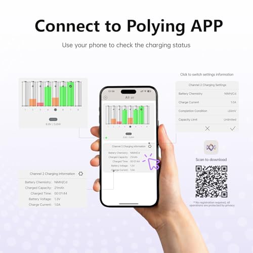 ISDT Battery Charger AA AAA Rechargeable Batteries 8-Bay Portable Smart Charger Fast Charging USB Input Port for 1.2V NiMH NiCd 1.5V Li-lon LiFePO4 Batteries with Bluetooth APP Connection (Black) - size: 8 Slot
