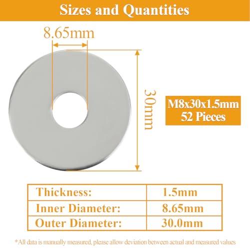 52 Pieces M8x30x1.5mm Fender Washers, 304 Stainless Steel Flat Washers, Fender Washers, Metal Washers for Screws Bolts - size: M8X30X1.5mm