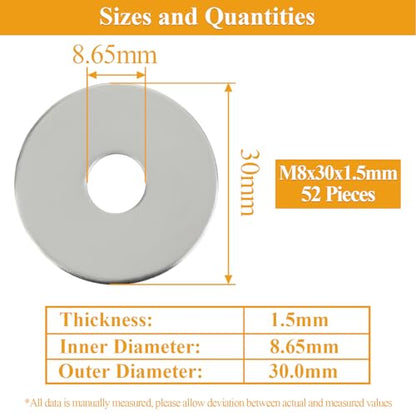 52 Pieces M8x30x1.5mm Fender Washers, 304 Stainless Steel Flat Washers, Fender Washers, Metal Washers for Screws Bolts - size: M8X30X1.5mm