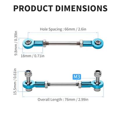2 Pcs RC Toy Push Rod, M3x50mm Tie Rods Blue Ball Head Joint | 76mm Length, 304 Servo Linkage Link Rods, Double Aluminum Alloy Ball Head, for RC Cars, Planes, Helicopters, DIY Models - color: M3×50mm Rod