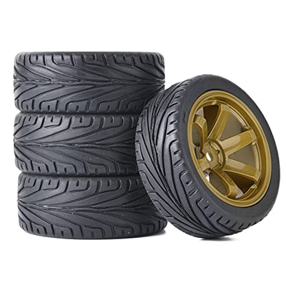 4PCS RC Car Rubber Tires and Plastic Wheels Rims Compatible with 1/10 Scale On Road Touring Racing Flat Drift Car for HSP HPI Tamiya(Gold) - color: Gold