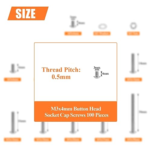 HELIFOUNER 100 Pieces M3 x 4mm, Thread Pitch 0.5mm, 304 Stainless Steel (18-8) Button Head Socket Cap Screws, Fully Threaded - size: M3 x 4mm