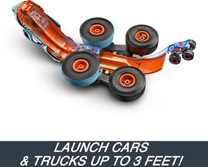 Hot Wheels Monster Trucks RC Toy, Remote-Control Transforming Rhinomite in 1:12 Scale & 1:64 Scale Race Ace, Converts into Launcher, Connects to Track - style: Rhinomite