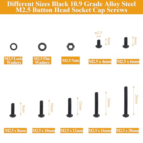565 Pieces M2.5 Screws Nuts Washers Set Black, Sutemribor M2.5 x 4/6/8/10/12/16/20mm Button Head Socket Cap Screws Nuts Washers Assortment Kit, 10.9 Grade Alloy Steel, Fully Threaded - size: M2.5, style: Button Head Socket Cap