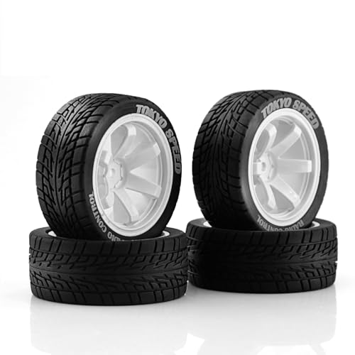 4PCS 1/10 RC Rubber On-Road Tires(6-Spokes) 12mm Hex Plastic Wheel Hub 67mm Wheel Tires Set for 1/10 Traxxas HSP 94122 Kyosho Tamiya FW06 TT02 HPI