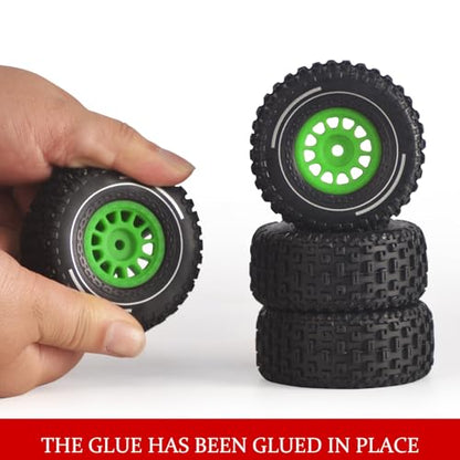 Pre-Glued 1/16 & 1/18 RC Truck Tires & Wheels - 12mm Hex 2.56" OD, Green | All-Terrain Tires for Traxxas Slash, ARRMA Mojave GROM, Tamiya, Kyosho, HPI - Durable Nylon Wheels for On/Off Road Bashing - color: Green