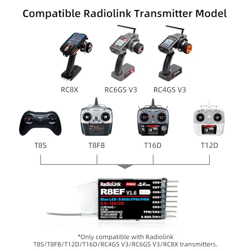 Radiolink R8EF 8 Channels 2.4GHz RC Receiver Long Range Control for T8FB | SBUS/PPM/PWM RX for RC Airplane Robots Car Bind with RC Transmitter T8FB/T8S/T12D/T16D/RC8X/RC8P/RC4GS V3/RC6GS V3