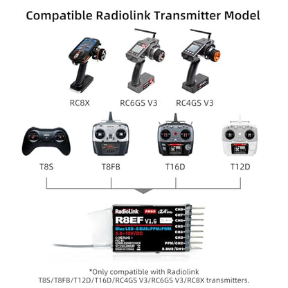 Radiolink R8EF 8 Channels 2.4GHz RC Receiver Long Range Control for T8FB | SBUS/PPM/PWM RX for RC Airplane Robots Car Bind with RC Transmitter T8FB/T8S/T12D/T16D/RC8X/RC8P/RC4GS V3/RC6GS V3