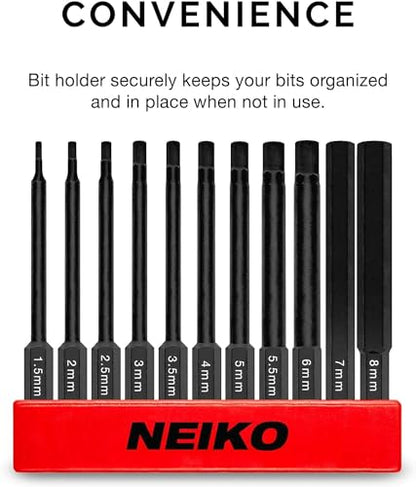 NEIKO 01148A Hex Allen Power Bit Set, 11-Piece Metric Sizes 1.5mm to 8mm | Magnetic Head Bits 3 Quick Release Shanks Premium S2 Steel Compatible with Drills and Impact Drivers - size: Hex Bit, style: Metric