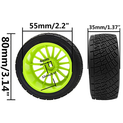 80mm/3.14" Rubber Tires & Plastic Wheel Rims 2.2 Inch 12mm Hex Hub Compatible with 1/10 HPI WR8 Off-Road Rally 1/14 WLtoys 124019 144001 1/16 Redcat Volcano RC Buggy (Green) - color: Green