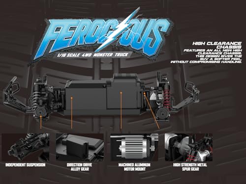 POCO DIVO Monster Truck, 1/16 Ferocious RC Off-Road Truggy, Radio Remote Control Racing Speed 30kmph 4x4 Sports Car, 12” Large All Terrain LED Vehicle with Metal Gear