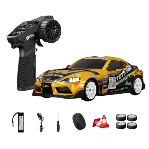 1:24 Scale RC Drift Car with Gyro Stability, 2.4GHz 4WD Proportional Control High-Speed Drift Racing Car with LED Lights & Dual-Mode Tire Switch (Racing & Drift) for Adults (S2 Yellow/D24-01) - color: S2 Yellow, size: D24-01