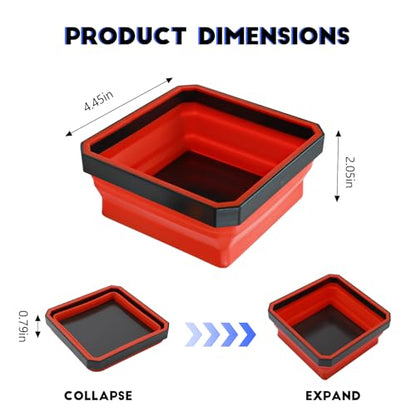 Collapsible Magnetic Parts Tray, 4.5 Inch Square Silicone Tray Holder with Double-Sided Magnetic Base, Foldable Tool Trays for Screw Bolts Nuts Pins Small Parts, Car Accessories (Red) - color: Red