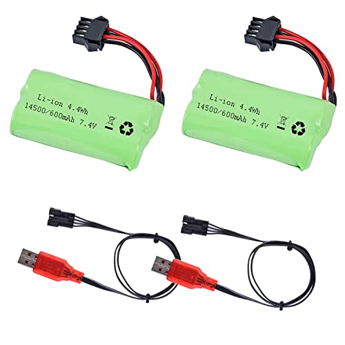 7.4V Li-ion Battery 600mAh 2S Rechargeable with SM-4P Plug and USB Battery Charger Fit for Most Water Ball Blaster RC Car Trucks Battery 2PACK