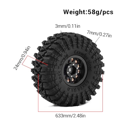 1.0" Beadlock Brass Wheels and 63mm Tires for SCX24 TRX4M | 7mm Hex, Soft Rubber Tires with Foam Lining, 1/18 1/24 RC Crawler Upgrade Parts - color: Brass Black