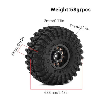 1.0" Beadlock Brass Wheels and 63mm Tires for SCX24 TRX4M | 7mm Hex, Soft Rubber Tires with Foam Lining, 1/18 1/24 RC Crawler Upgrade Parts - color: Brass Black