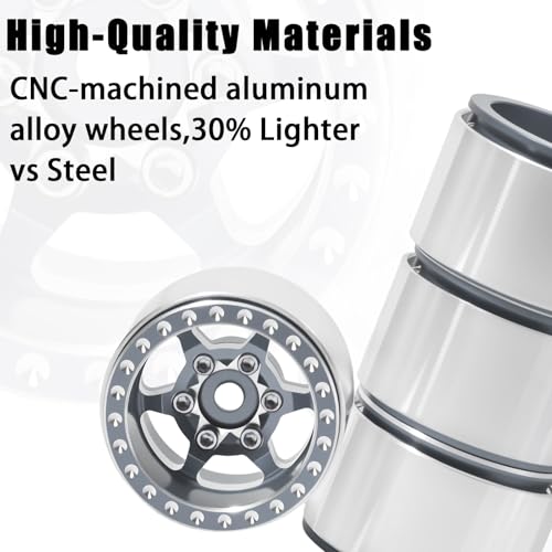 1.0 Aluminum Beadlock Wheels, 3mm Offset, for SCX24 TRX4M, 4PCS | 7mm hex, CNC aluminum rims, -3mm offset for SCX24, FCX24 and AX24; TRX4M requires extended wheel hexes. - color: Titanium