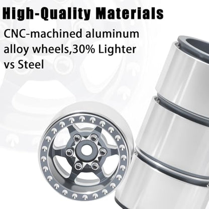 1.0 Aluminum Beadlock Wheels, 3mm Offset, for SCX24 TRX4M, 4PCS | 7mm hex, CNC aluminum rims, -3mm offset for SCX24, FCX24 and AX24; TRX4M requires extended wheel hexes. - color: Titanium