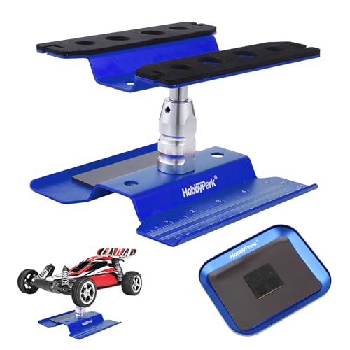 Hobbypark Aluminum RC Car Work Stand Repair Workstation 360 Degree Rotation Lift/Lower w/Screw Tray for 1/10 1/12 1/16 Scale Car Truck Buggy (Navy Blue with Screw Tray)