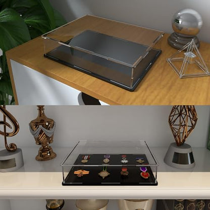 Acrylic Display Case for Books and Medals, Versatile Clear Acrylic Display Box with Black Base for Badges, Coins and Cards, 10.6x8x2.4-inch - size: 10.6"L x 8"W x 2.4"H