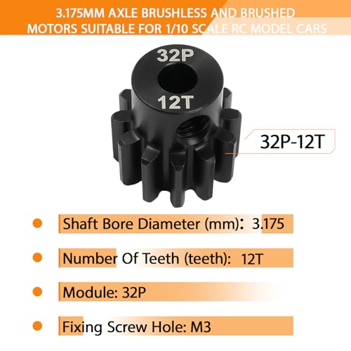 32P 12T Pinion Gear 3.175mm Shaft, Hardened Steel Motor Gear for 1/10 Scale RC Car Truck Crawler Monster Buggy, High Speed Durable 32 Pitch Gear Upgrade Parts 540 550 Brushed 3650 3660 Brushless - color: 12T