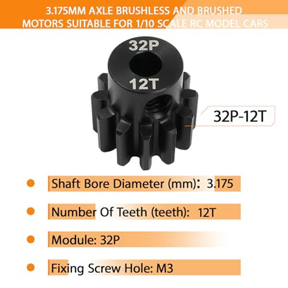 32P 12T Pinion Gear 3.175mm Shaft, Hardened Steel Motor Gear for 1/10 Scale RC Car Truck Crawler Monster Buggy, High Speed Durable 32 Pitch Gear Upgrade Parts 540 550 Brushed 3650 3660 Brushless - color: 12T
