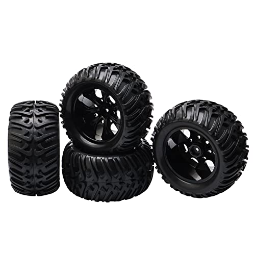1/10 Monster Truck Tires & Wheels, Black, 4PCs Unmounted Set | 5" 128mm Off-Road RC Tires, 12mm Hex 7-Spoke Rims, Compatible with Traxxas Stampede, Compatible with Arrma Granite - color: Black