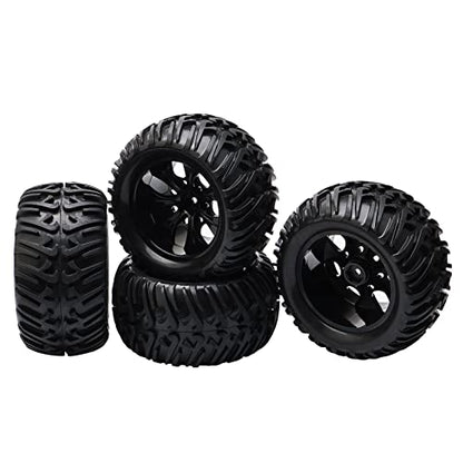 1/10 Monster Truck Tires & Wheels, Black, 4PCs Unmounted Set | 5" 128mm Off-Road RC Tires, 12mm Hex 7-Spoke Rims, Compatible with Traxxas Stampede, Compatible with Arrma Granite - color: Black