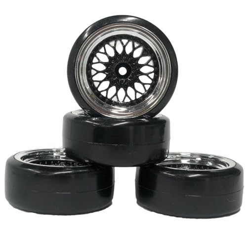 4PCS 1/10 RC Drift Car Tires Smooth Hard Tyre Plastic Plating Wheel Rims Set Replacement for HSP Tamiya HPI Kyosho On-Road Drifting Car (Black Silver) - color: Black Silver