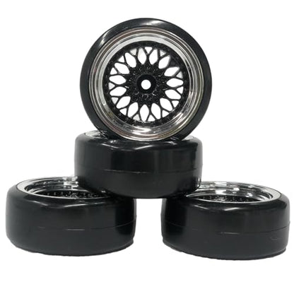 4PCS 1/10 RC Drift Car Tires Smooth Hard Tyre Plastic Plating Wheel Rims Set Replacement for HSP Tamiya HPI Kyosho On-Road Drifting Car (Black Silver) - color: Black Silver