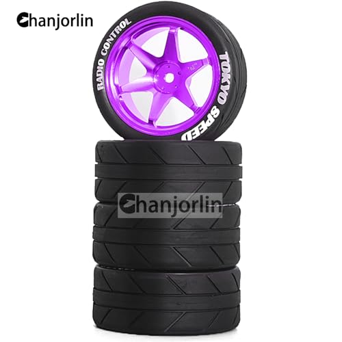1/10 On Road Tires and Aluminum Wheels 12mm Hex RC Rally Racing Tyres OD 2.56" for Tamiya TT01 TT02 XV01 TA06 A959 PTG2 HPI KYOSHO PTG2 Traxxas 1:10 Street Touring Drift Car 4PCS (Purple) - color: Purple
