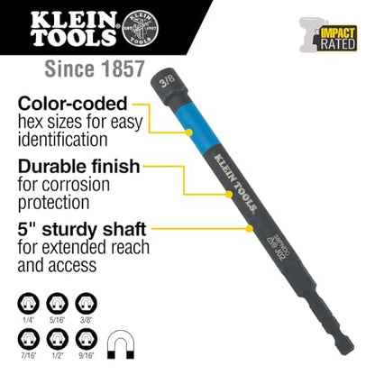 Klein Tools 32930 SAE Magnetic Impact Nut Setter Set, 6-Piece Color Coded Power Nut Driver with Extended Reach, 6 SAE Sizes - size: 6-Inch / 6-Piece Set