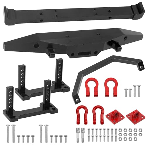Aluminum Front Rear Bumper & Trailer Hook Compatibke with MN Model MN128 MN-128 1/12 RC Car (Black) - color: Black