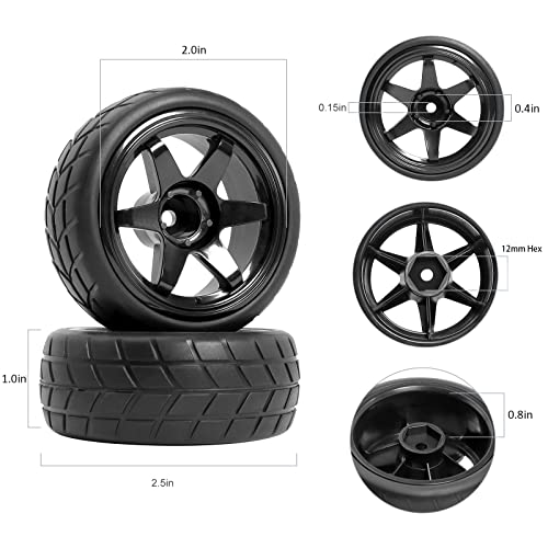 RC Drift Wheels and Tires Tyres 1/10 1/16 RC Wheels Preglued 4PCS 12mm Hex RC Wheels and Tires Tyres OD 2.58" with Foam Inserts for Traxxas Tamiya Kyosho HPI for 1/14 1/18 RC Off On Road