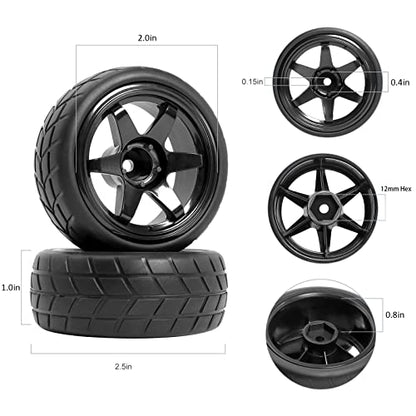 RC Drift Wheels and Tires Tyres 1/10 1/16 RC Wheels Preglued 4PCS 12mm Hex RC Wheels and Tires Tyres OD 2.58" with Foam Inserts for Traxxas Tamiya Kyosho HPI for 1/14 1/18 RC Off On Road