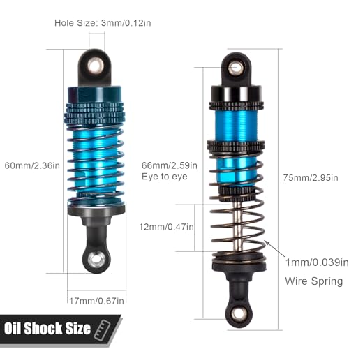 Oiled Shocks Upgraded 66mm/72mm Aluminum Oil Shock Absorber Set for 1/12 1/14 1/16 RC Cars - Compatible with WLtoys 144001, 124019, MJX 16208, HBX & More - color: Bz-black-blue