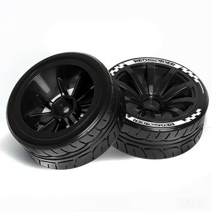 REDSPIDER 1/10 RC On-Road Wheel Tires 2.56" OD 10-Spoke Plastic Wheel hub and Rally Tires 12mm Hex Fit for 1/10 Tamiya TT01 TT02 XV02 XV01 WLtoys HSP Kyosho WR8 RedCat Sakura HPI (Black) - color: Black
