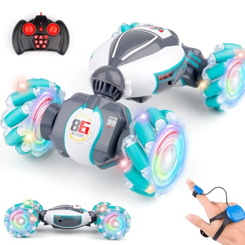 PREPOP Gesture Sensing RC Stunt Car, Birthday for Age 6 7 8-12 13+ Year Old Boys - Cool Toys for Kids, Hand Controlled Remote Control Twist Vehicle with Lights & Music, 4WD Rotating - color: White Grey Blue