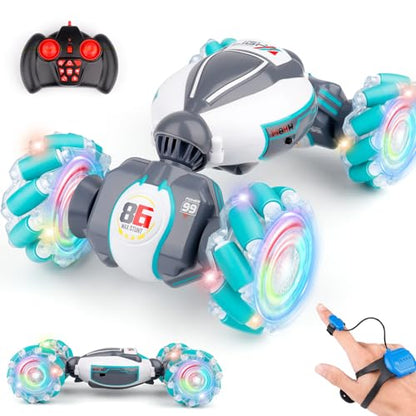 PREPOP Gesture Sensing RC Stunt Car, Birthday for Age 6 7 8-12 13+ Year Old Boys - Cool Toys for Kids, Hand Controlled Remote Control Twist Vehicle with Lights & Music, 4WD Rotating - color: White Grey Blue