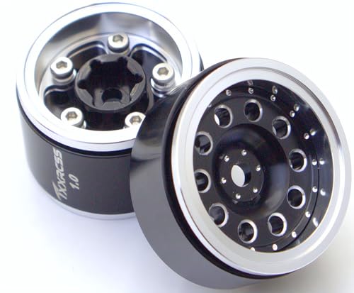 RC 1.0 Beadlock Wheels Offsets -2 Aluminum Rims for AX24 1/18 TRX4M All 1/24 Scale SCX24 Deadbolt RC Crawler Car Wheels Upgrades 4Pc (Black Silver) - color: Black Silver